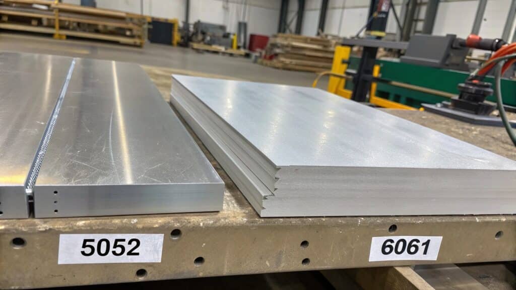 alt text: Aluminum sheet being bent, contrasting easy bend (5052) vs potential crack (6061)